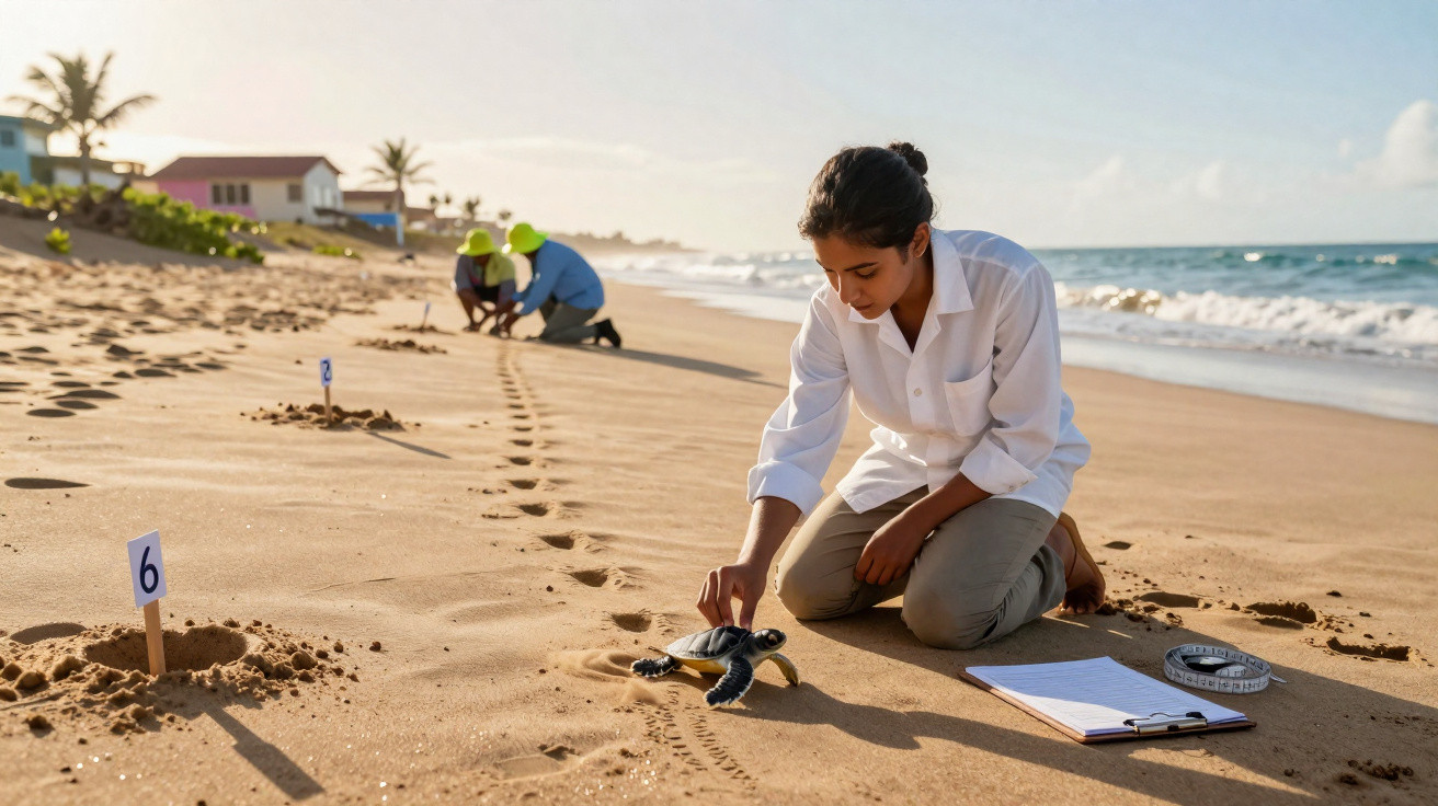 Jovem cientista observa filhote de tartaruga-marinha na praia durante trabalho de pesquisa ambiental.