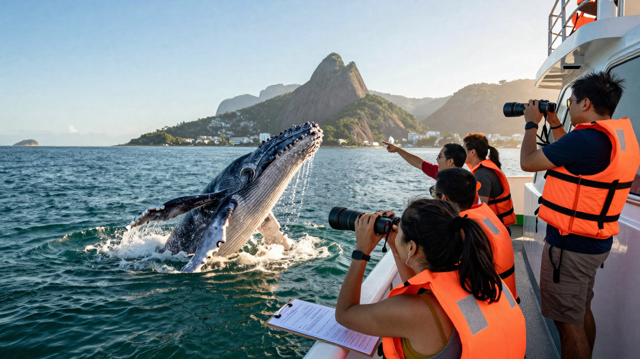 Grupo de turistas com coletes laranja observa e fotografa baleia pulando perto de barco no mar com montanhas ao fundo.