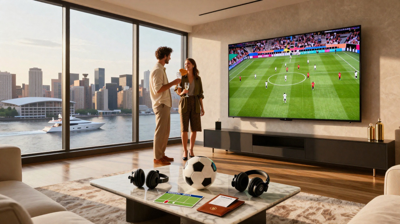 Casal brindando enquanto assiste a jogo de futebol em sala com vista para o rio e prédio na cidade.