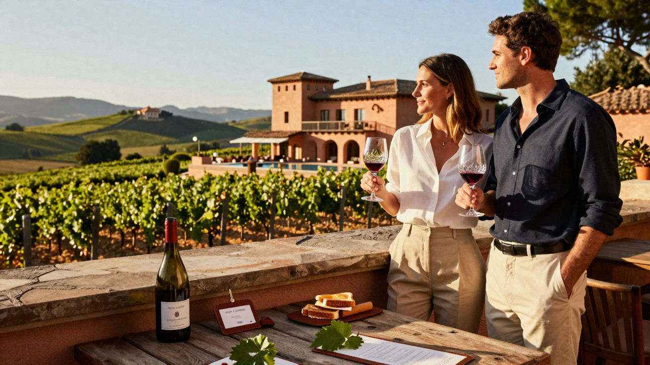 Casal apreciando vinho tinto em varanda com vinhedo e casa ao fundo ao entardecer.