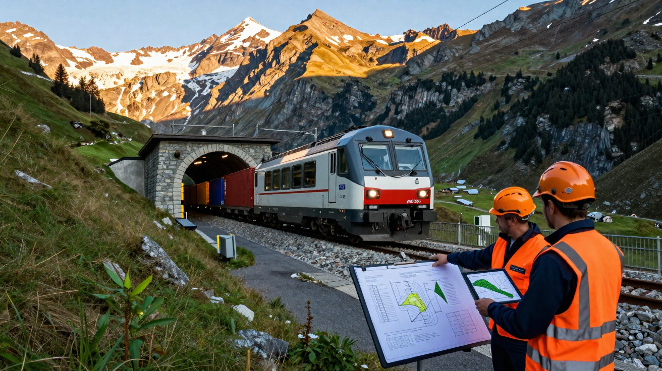 Dois trabalhadores observam trem saindo de túnel em ferrovia cercada por montanhas ao pôr do sol.