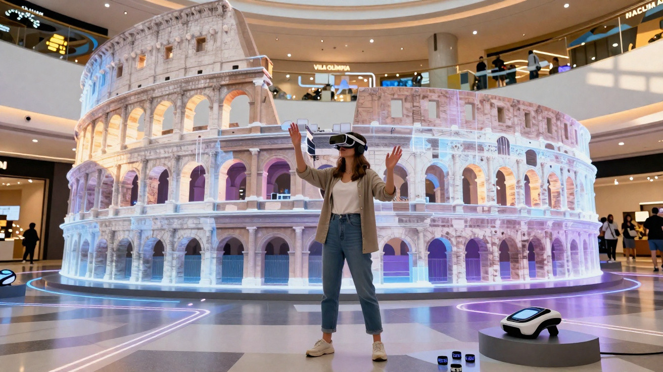 Mulher usando óculos de realidade virtual em frente a uma réplica iluminada do Coliseu dentro de shopping.