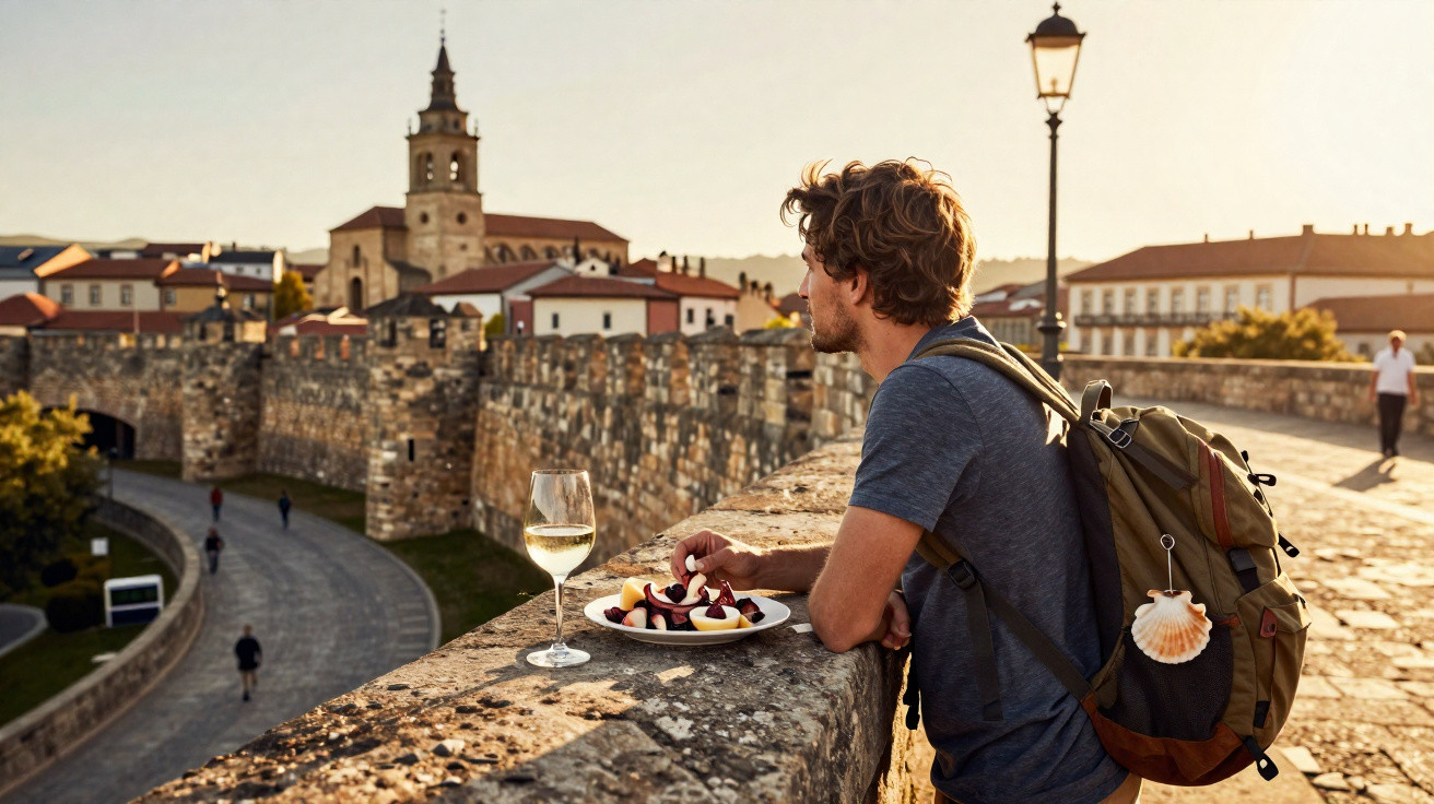 Homem com mochila observando cidade histórica, com taça de vinho e prato de frutas na parede de pedra.