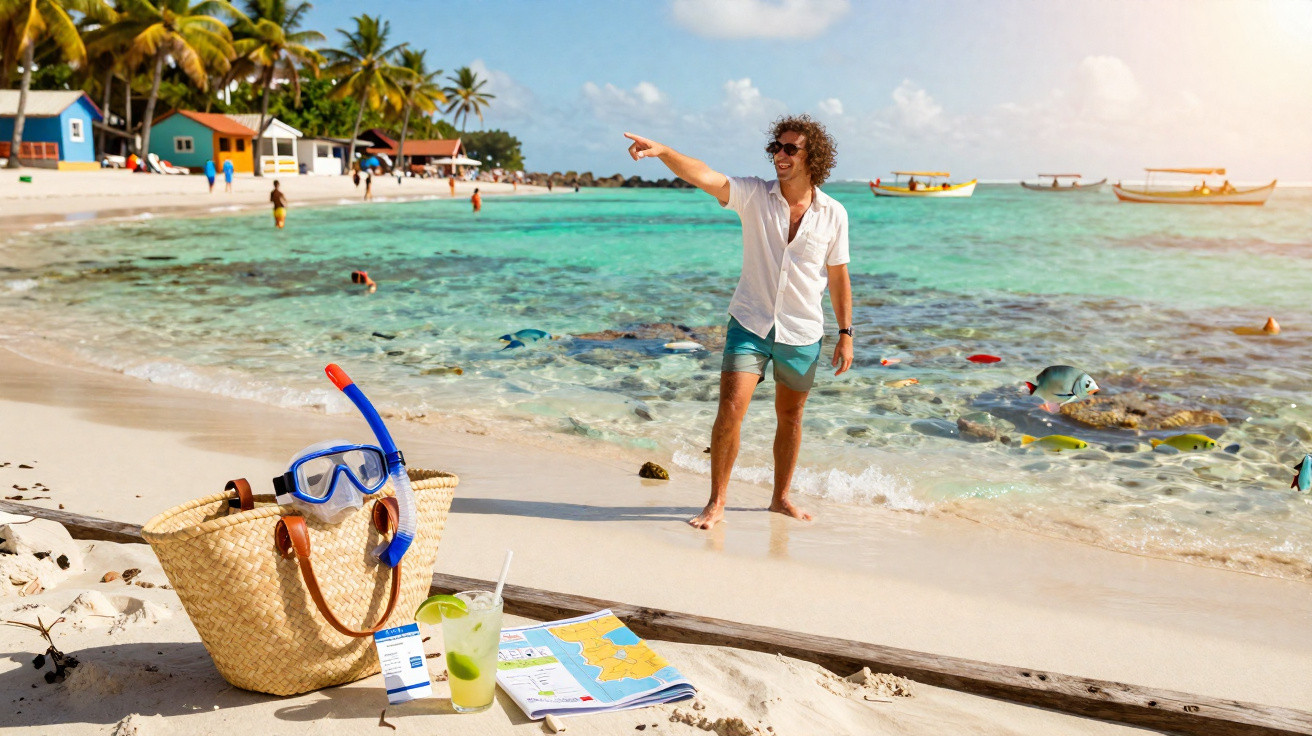 Homem de camiseta e bermuda aponta para o mar em praia com águas transparentes e peixes coloridos.