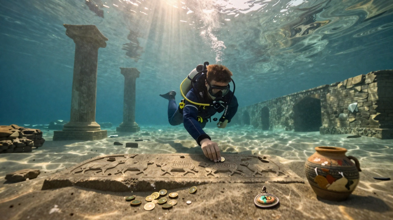 Mergulhador explorando ruínas submersas com moedas antigas e vasos no fundo do mar.