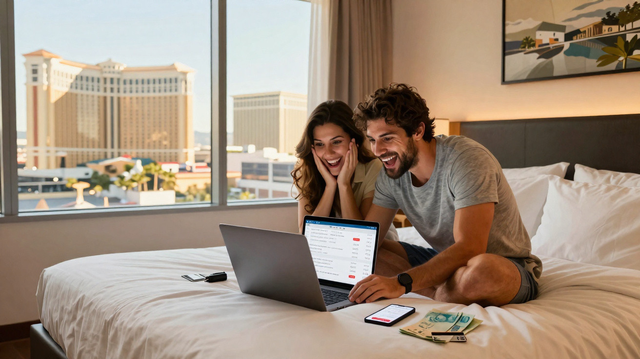 Casal feliz sentado na cama do hotel vendo reserva em laptop, com dinheiros e celular ao lado.