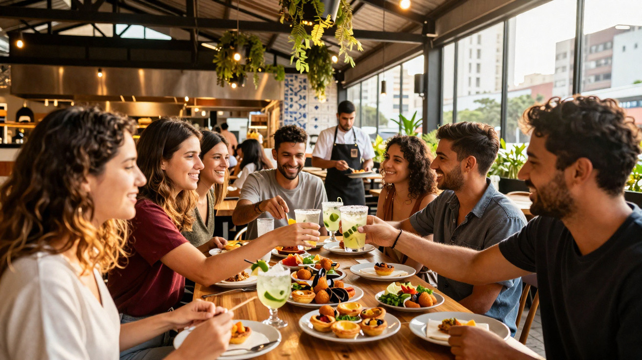 Grupo de jovens brindando com bebidas em restaurante moderno e iluminado durante refeição.