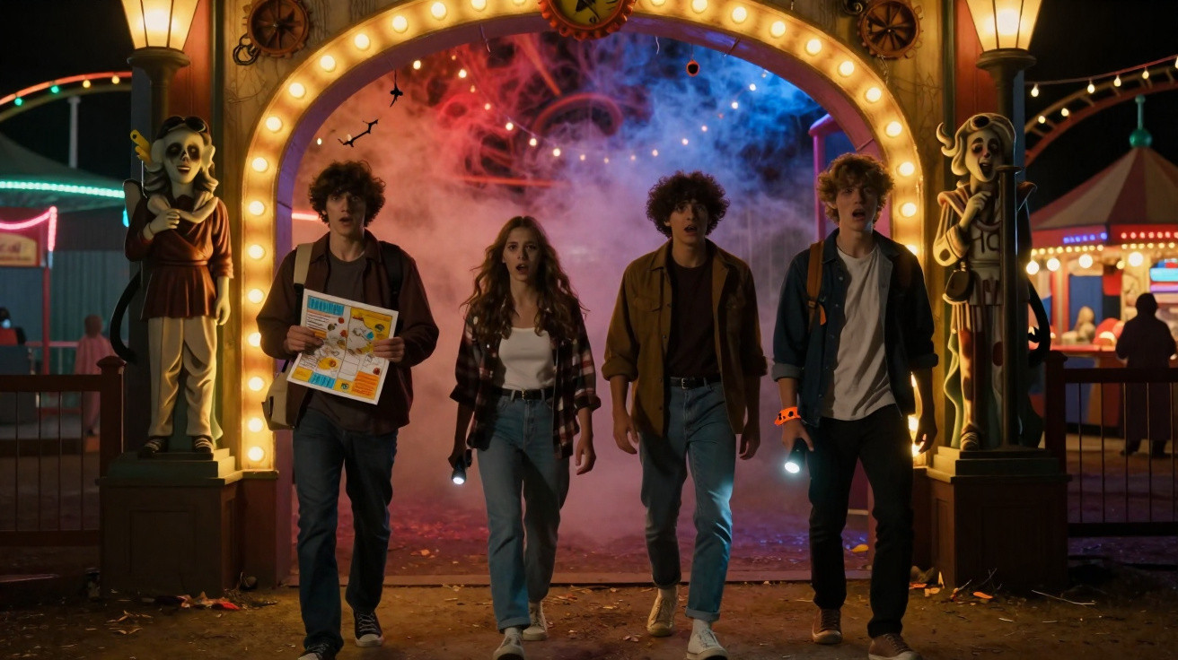Quatro jovens com lanternas caminham por portal iluminado em parque de diversões à noite.
