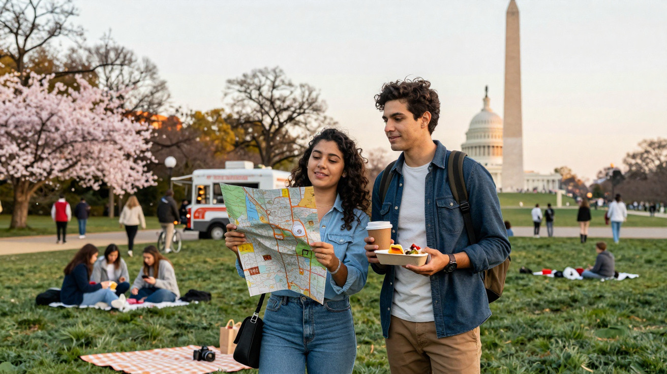 Casal jovem olhando mapa em parque com flores e monumentos famosos ao fundo.