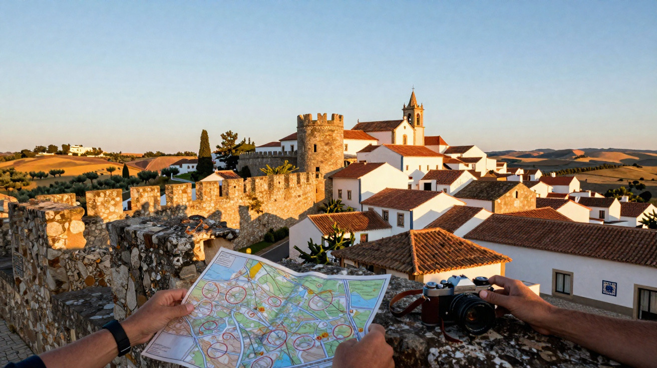 Mãos seguram mapa e câmera, com vista para muralha e casas brancas em vila histórica ao entardecer.