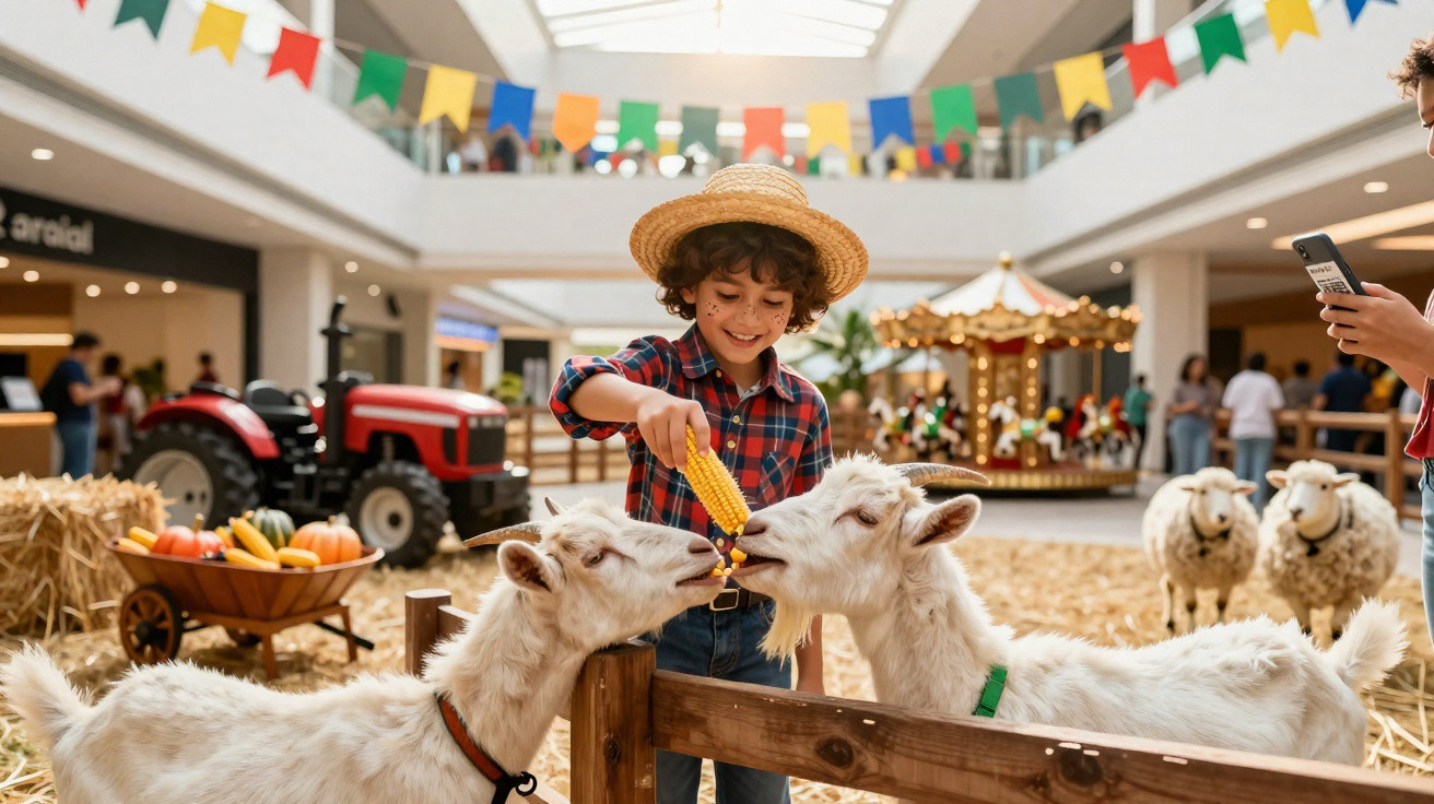 Criança com chapéu de palha alimenta cabras com espiga de milho em festa junina no shopping.