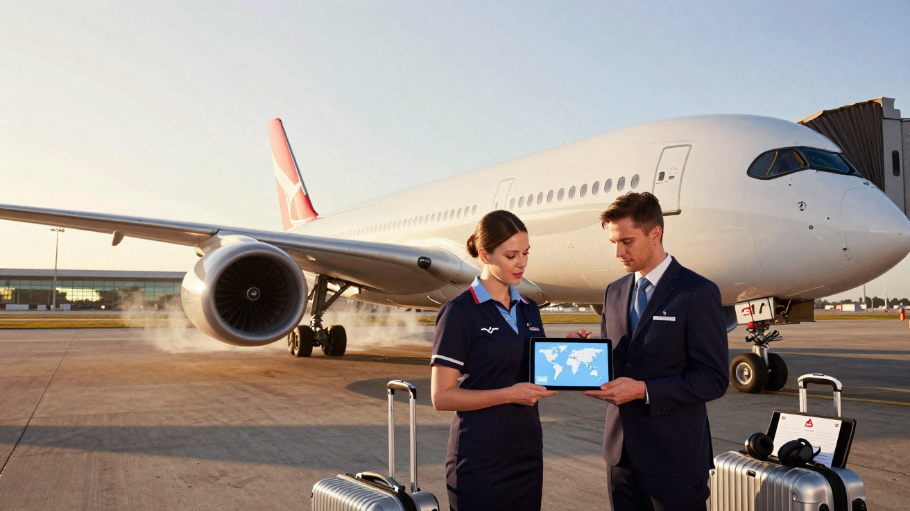Dois comissários de bordo com uniformes em pé diante de avião no aeroporto, segurando tablet com mapa-múndi.