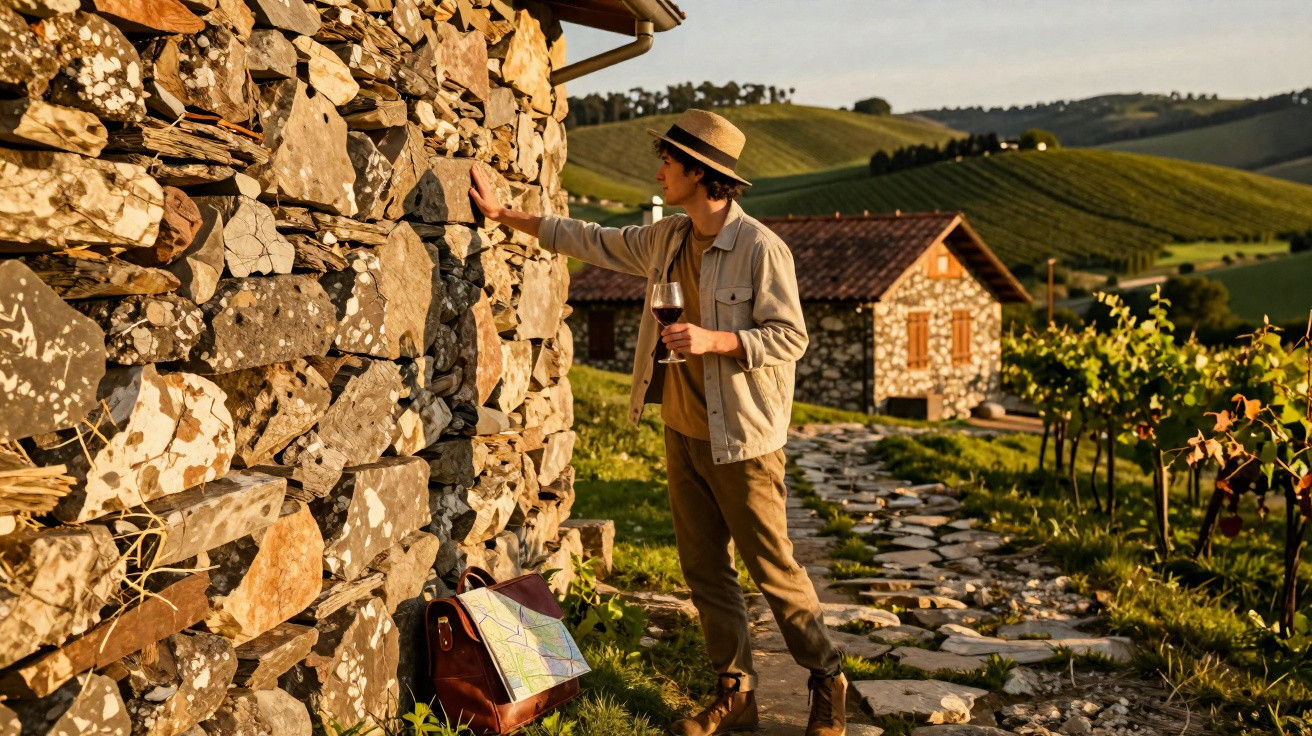 Homem com chapéu e taça de vinho toca parede de pedra em vinícola com casas e vinhas ao fundo.