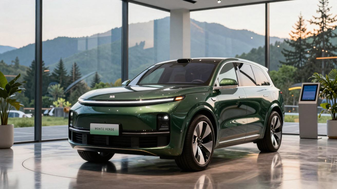 SUV elétrico verde em showroom com vidros amplos e vista de montanhas ao fundo.