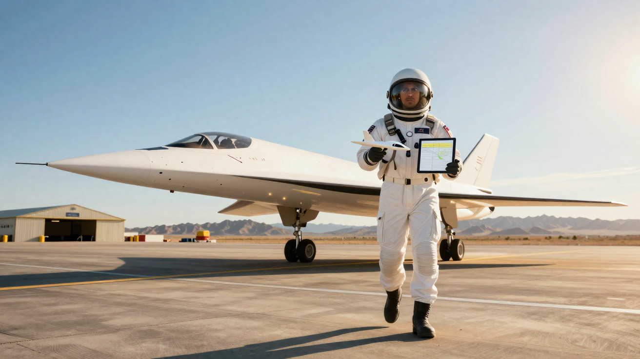 Homem vestindo traje espacial segurando tablet em pista de pouso ao lado de avião supersônico branco.