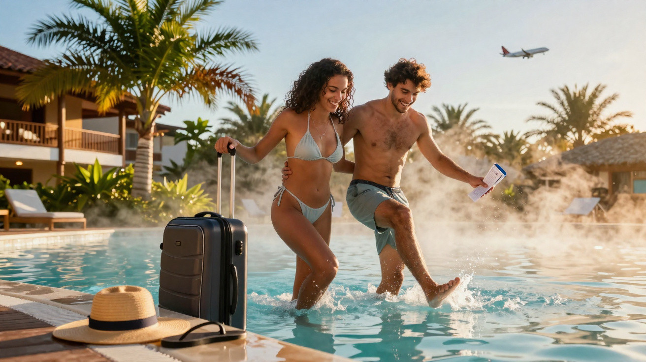 Casal feliz de biquíni e shorts brincando na piscina de um resort tropical com mala e avião ao fundo.