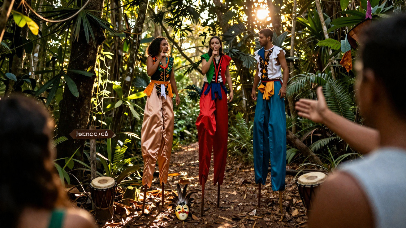 Três pessoas de pernas de pau em roupas coloridas na floresta com máscara e tambores ao redor.