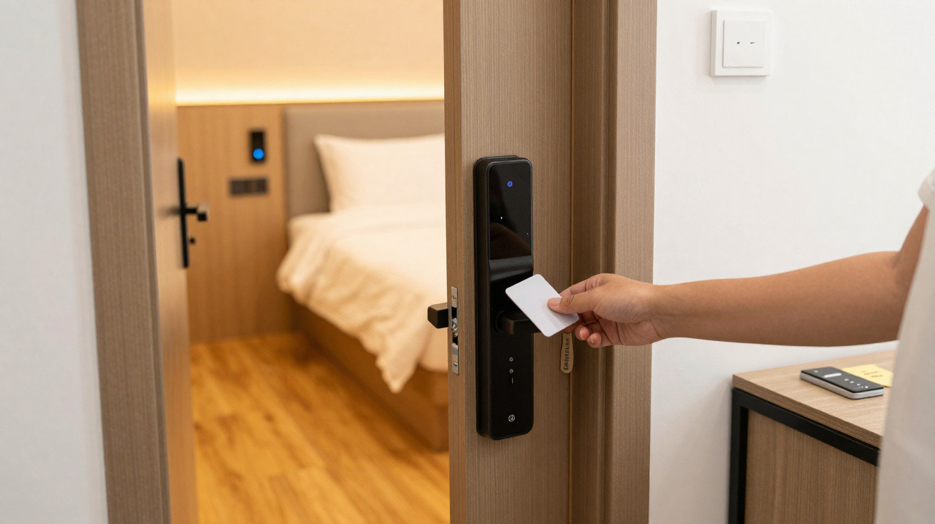 Pessoa usando cartão para abrir porta com fechadura eletrônica em quarto de hotel moderno.
