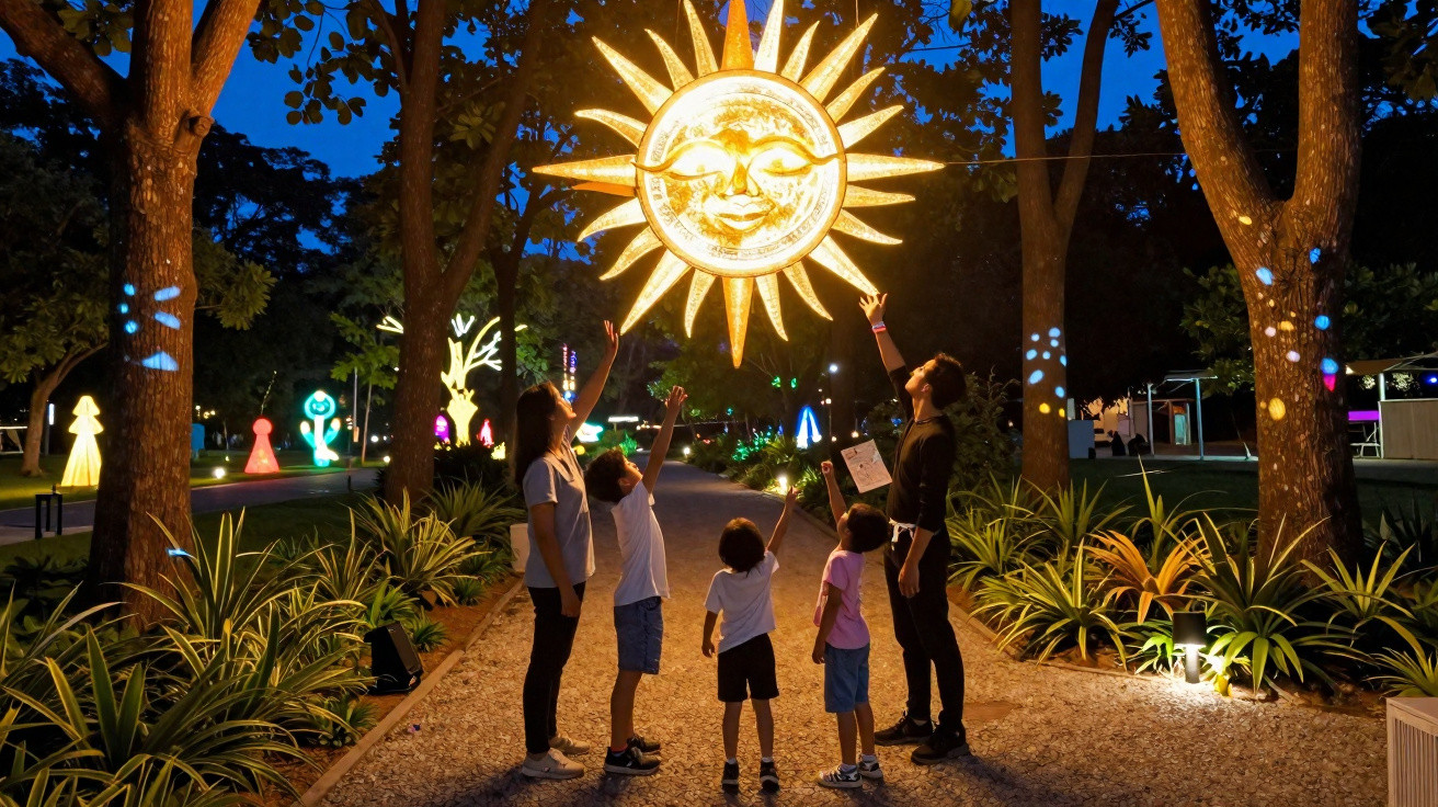 Pessoas observando e apontando para uma grande luminária em formato de sol sorridente em parque à noite.