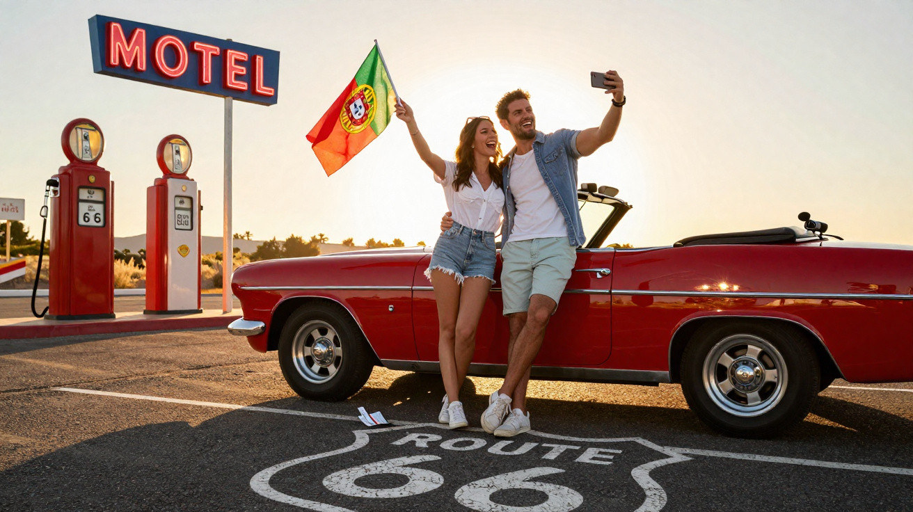 Casal feliz em carro conversível vermelho, tira selfie com bandeira de Portugal em posto de gasolina na Route 66.