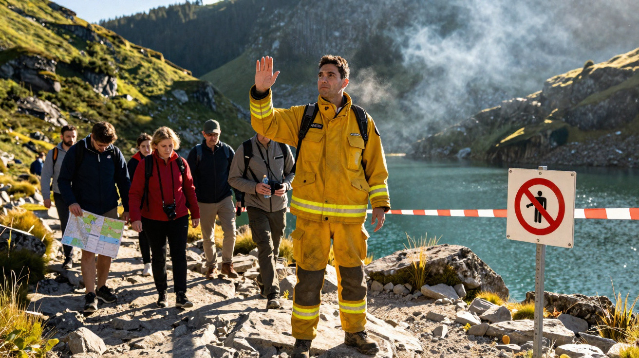 Homem de amarelo bloqueia trilha para grupo perto de lago, em área montanhosa com placa de proibido passar.