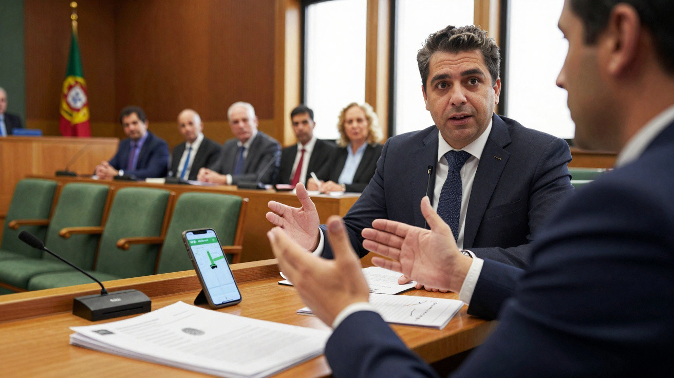 Homens em reunião formal discutindo documentos em sala de conferência com bandeira de Portugal ao fundo.