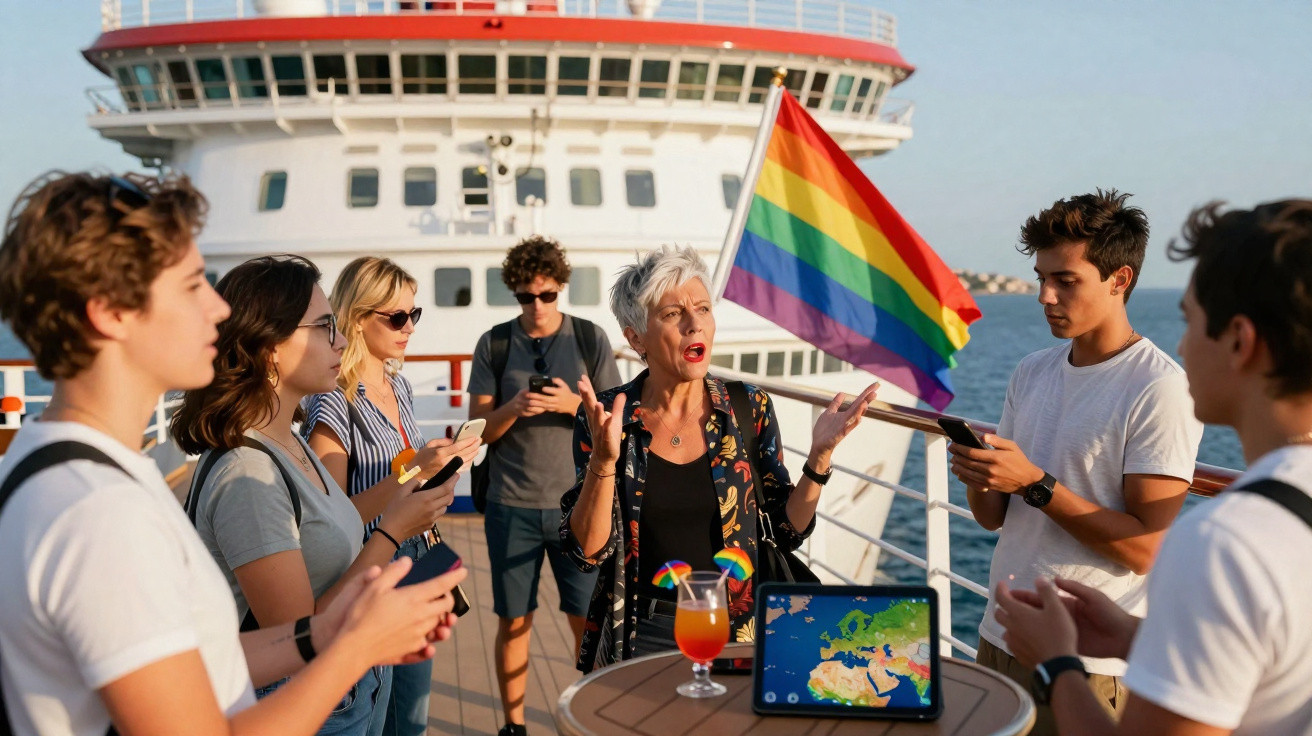 Grupo diverso em barco ao ar livre com bandeira LGBTQIA+, tablet e drinque colorido, em conversa.