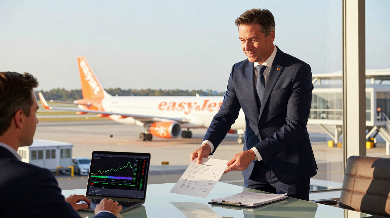 Dois homens em traje formal em reunião com gráfico no laptop e avião EasyJet ao fundo na janela do aeroporto.