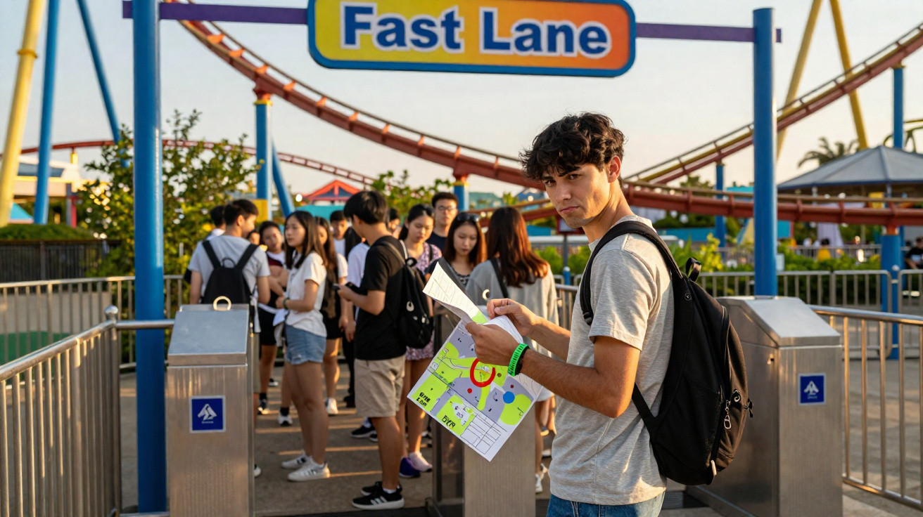 Jovem segurando mapa em fila sob placa Fast Lane em parque de diversões com montanha-russa ao fundo.
