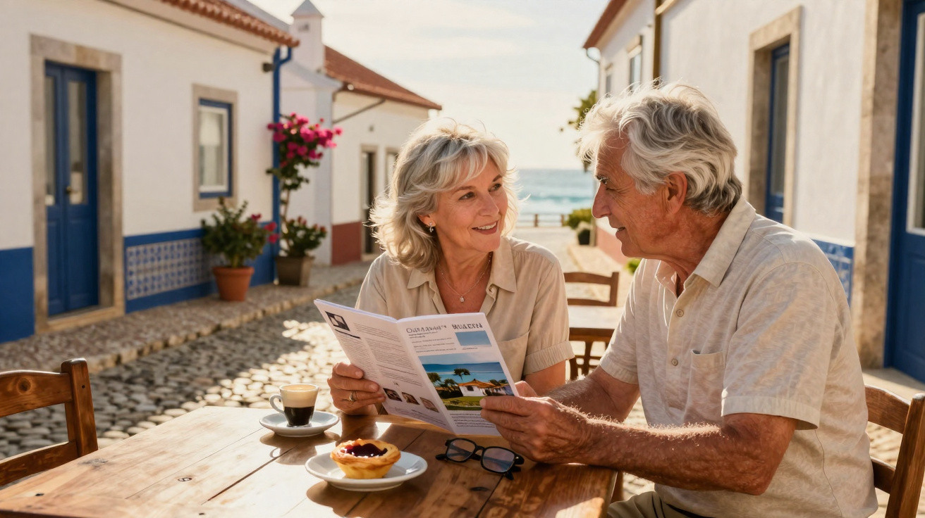 Casal idoso sorrindo e lendo jornal em café ao ar livre em rua com casas brancas e vista para o mar.