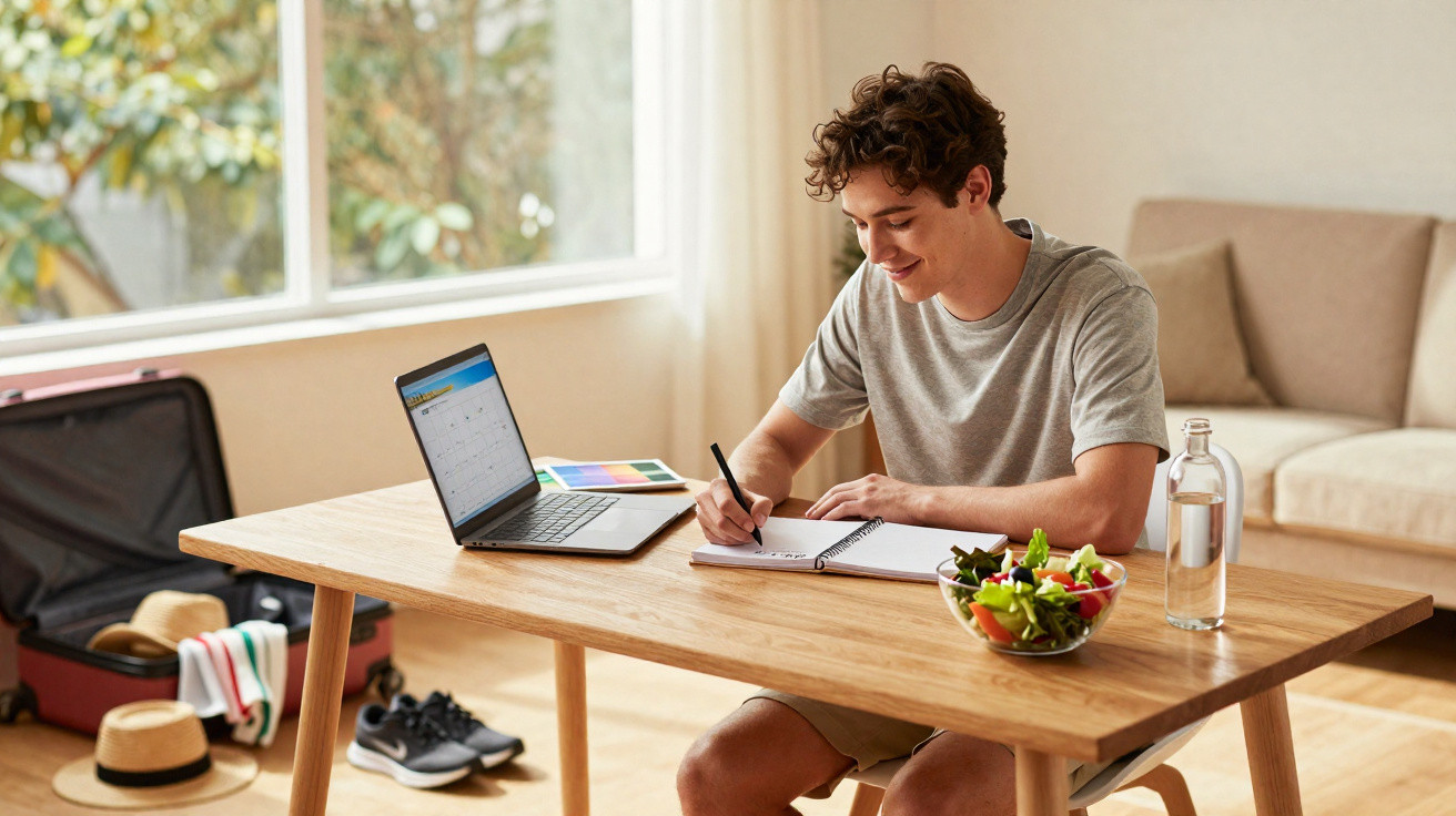 Jovem sorridente escrevendo em caderno com laptop, salada e garrafa d'água sobre mesa de madeira em sala iluminada.