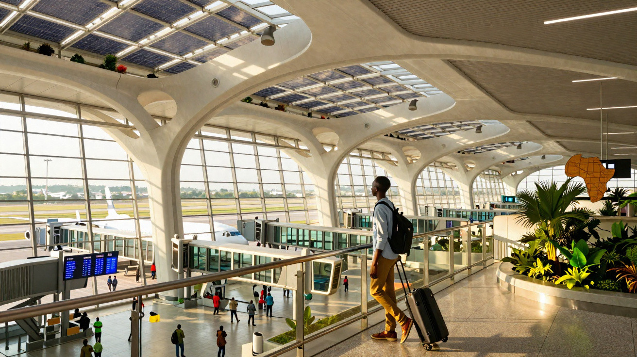 Homem com mochila e mala observando área de embarque em aeroporto moderno com grandes janelas panorâmicas.