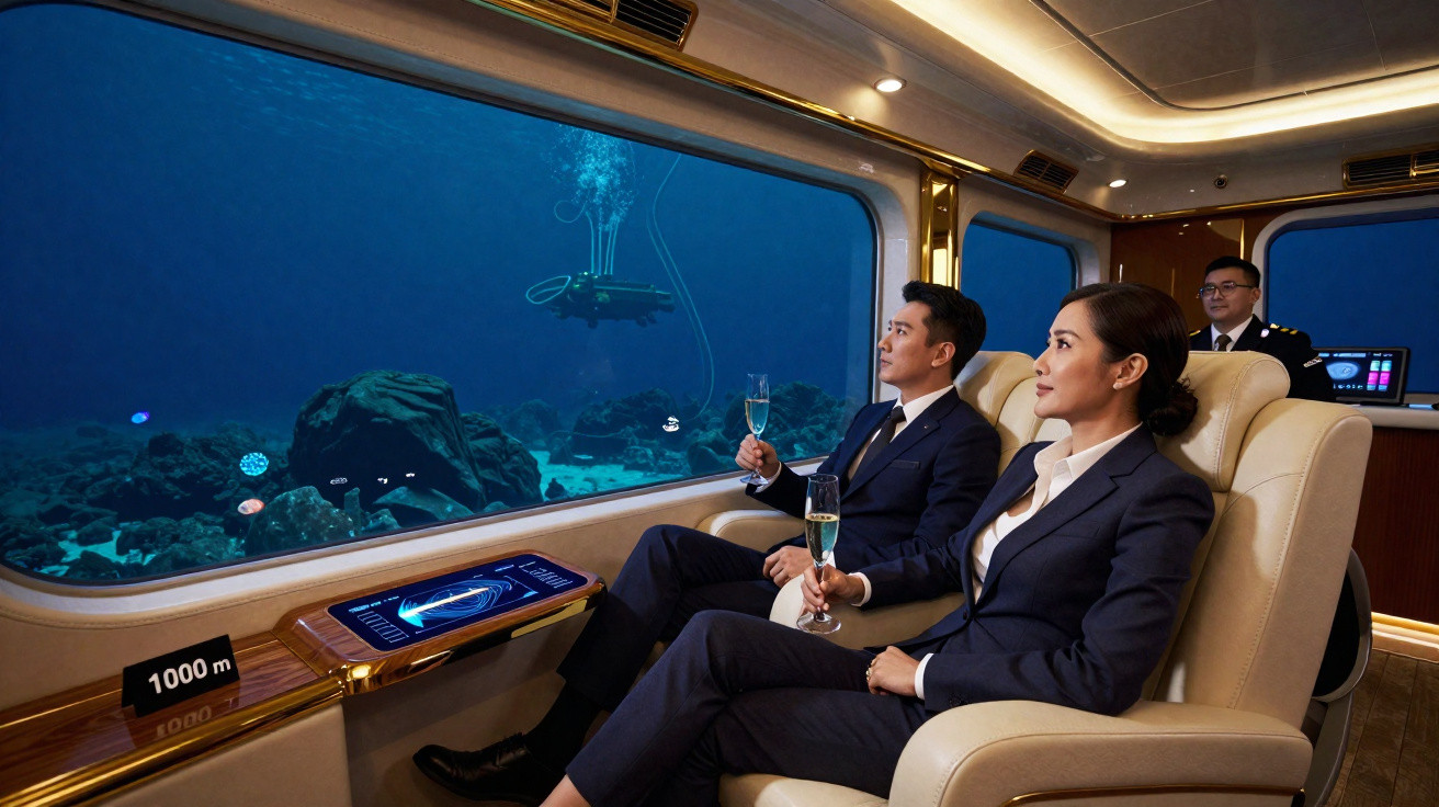 Duas pessoas em trajes formais observando a vida marinha através da janela de um submarino luxuoso.