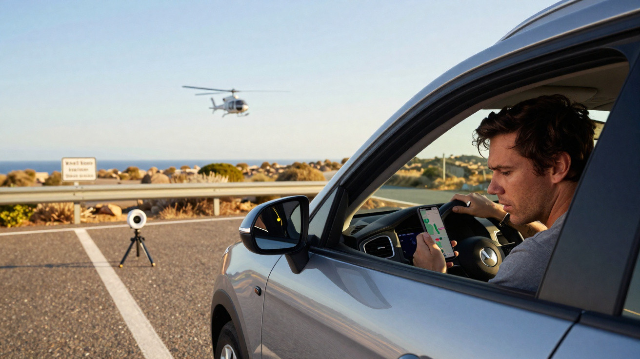 Homem dentro de carro estacionado olhando celular com drone voando e câmera em tripé na estrada.