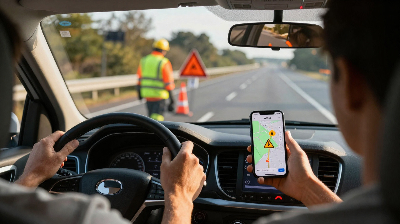 Motorista e passageiro com celular visualizando GPS alertando obra na estrada à frente.