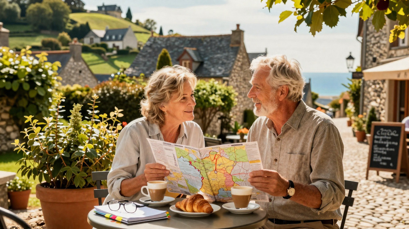 Casal idoso planeja viagem com mapa em café ao ar livre em vila charmosa e ensolarada.