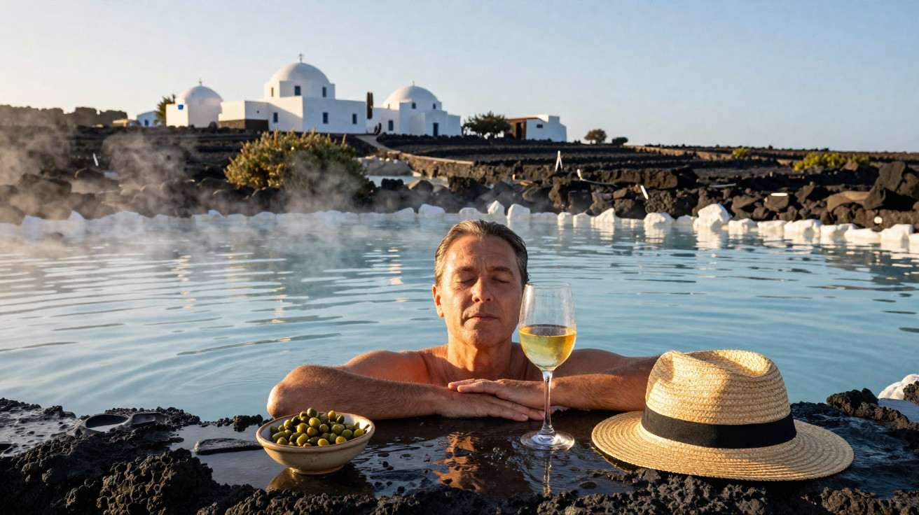 Homem relaxa em piscina termal com taça de vinho, azeitonas e chapéu de palha ao redor.