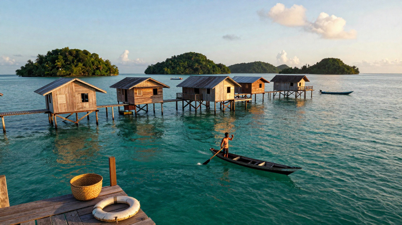 Casas de madeira sobre palafitas em águas claras com pessoa remando canoa e ilhas ao fundo ao entardecer.