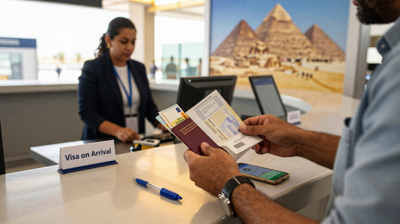 Passageiro mostrando passaporte e visto para agente de imigração em balcão com imagem das pirâmides do Egito.