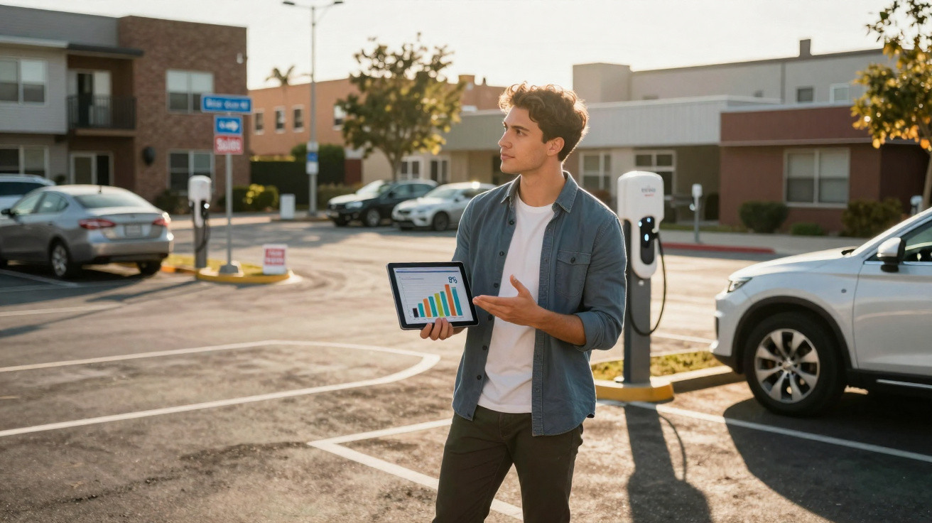 Jovem em estacionamento segurando tablet com gráfico, ao lado de ponto de recarga para veículos elétricos.