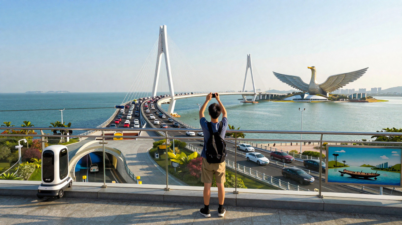 Turista tirando foto da ponte de cabos e escultura de pássaro gigante em área costeira urbana.