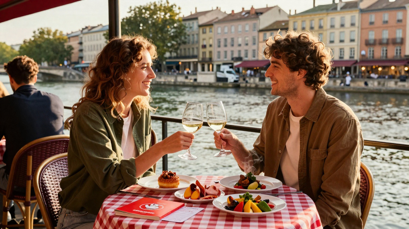 Casal brindando com taças de vinho branco em restaurante à beira de rio, ao entardecer.
