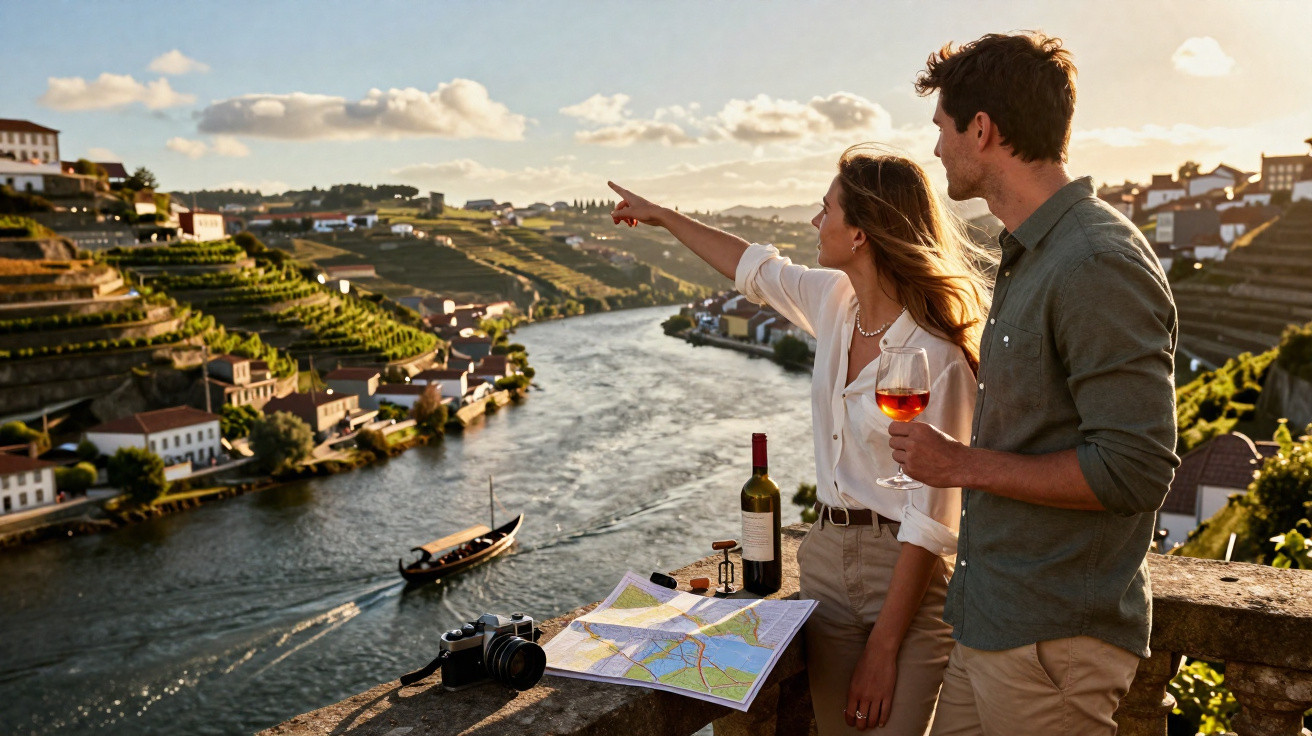 Casal observa rio e vinhedos ao pôr do sol, com taça de vinho, mapa e câmera sobre muro de pedra.