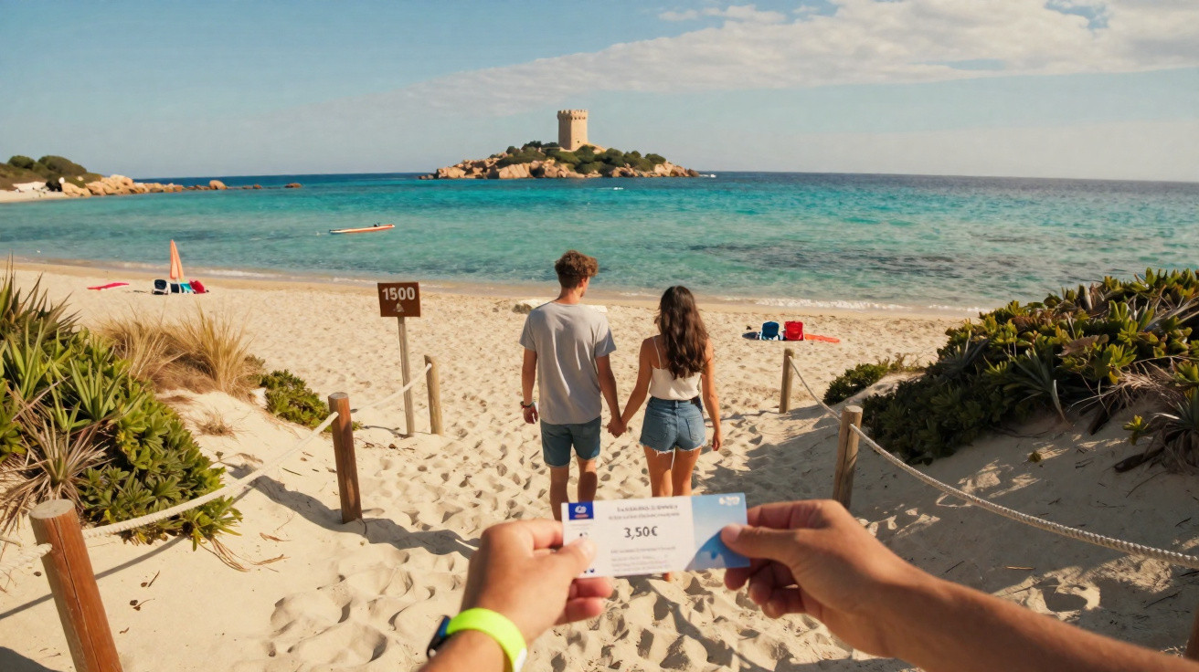 Mãos segurando ingresso para praia com casal caminhando na areia e torre em ilha ao fundo no mar azul.