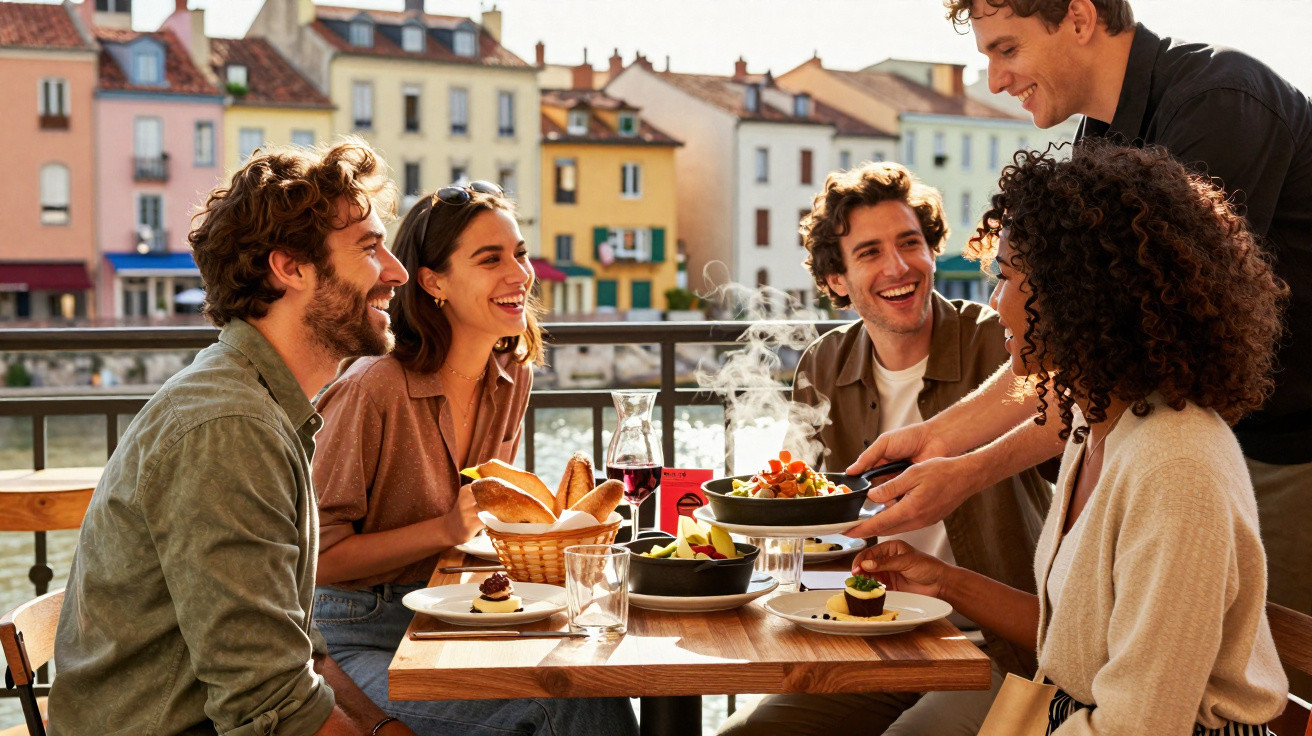 Amigos sorrindo em restaurante ao ar livre, recebendo prato fumegante servido por garçom.