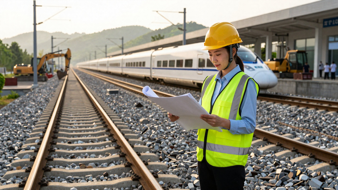 Engenheira com capacete e colete refletivo analisando planta em obras de trilhos ferroviários modernos.
