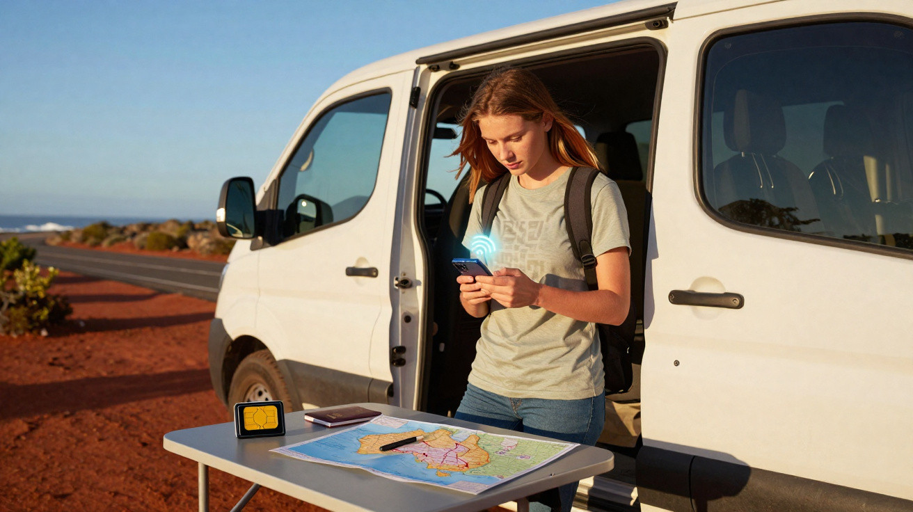 Mulher jovem usando celular ao lado de van branca com mapa, roteador e caderno em mesa de viagem ao ar livre.