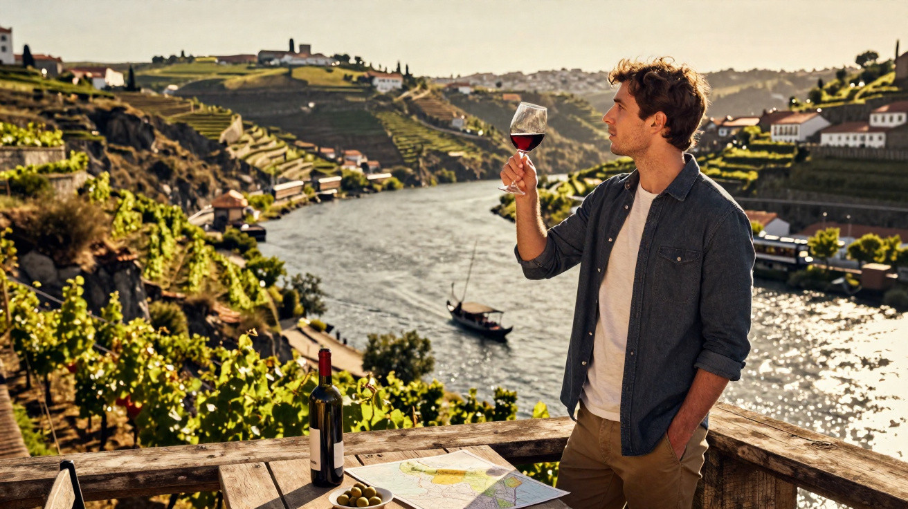 Homem segurando taça de vinho tinto em varanda com vista para vinhedos e rio ao pôr do sol.