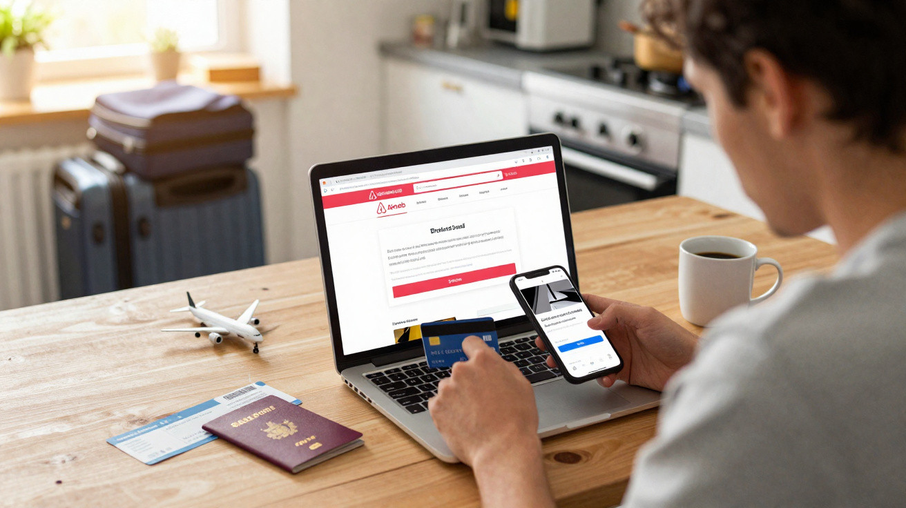 Pessoa segurando cartão de crédito e celular fazendo compra online, com laptop, passaporte e passagens na mesa.