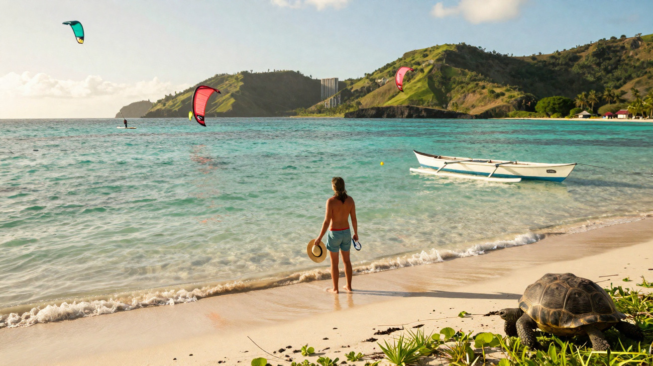 Mulher na praia segurando chapéu, tartaruga no canto e pessoas praticando kitesurf ao fundo.